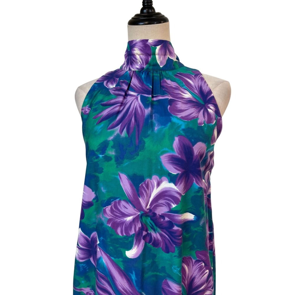 Vtg 60s 70s Fashions of Hawaii‎ Dress Women sz s/m Teal Purple Floral Bow resort - Picture 2 of 7